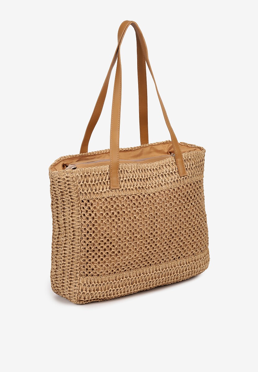 Beżowa Pleciona Torebka Boho z Naszytym Napisem Jusbia