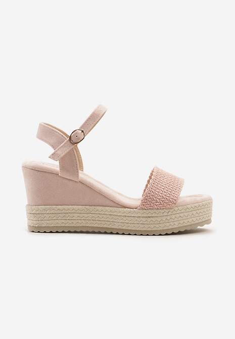 Różowe Sandały na Koturnie Wykończonym Plecionką z Rafii i Zapięciem przy Kostce Kionara