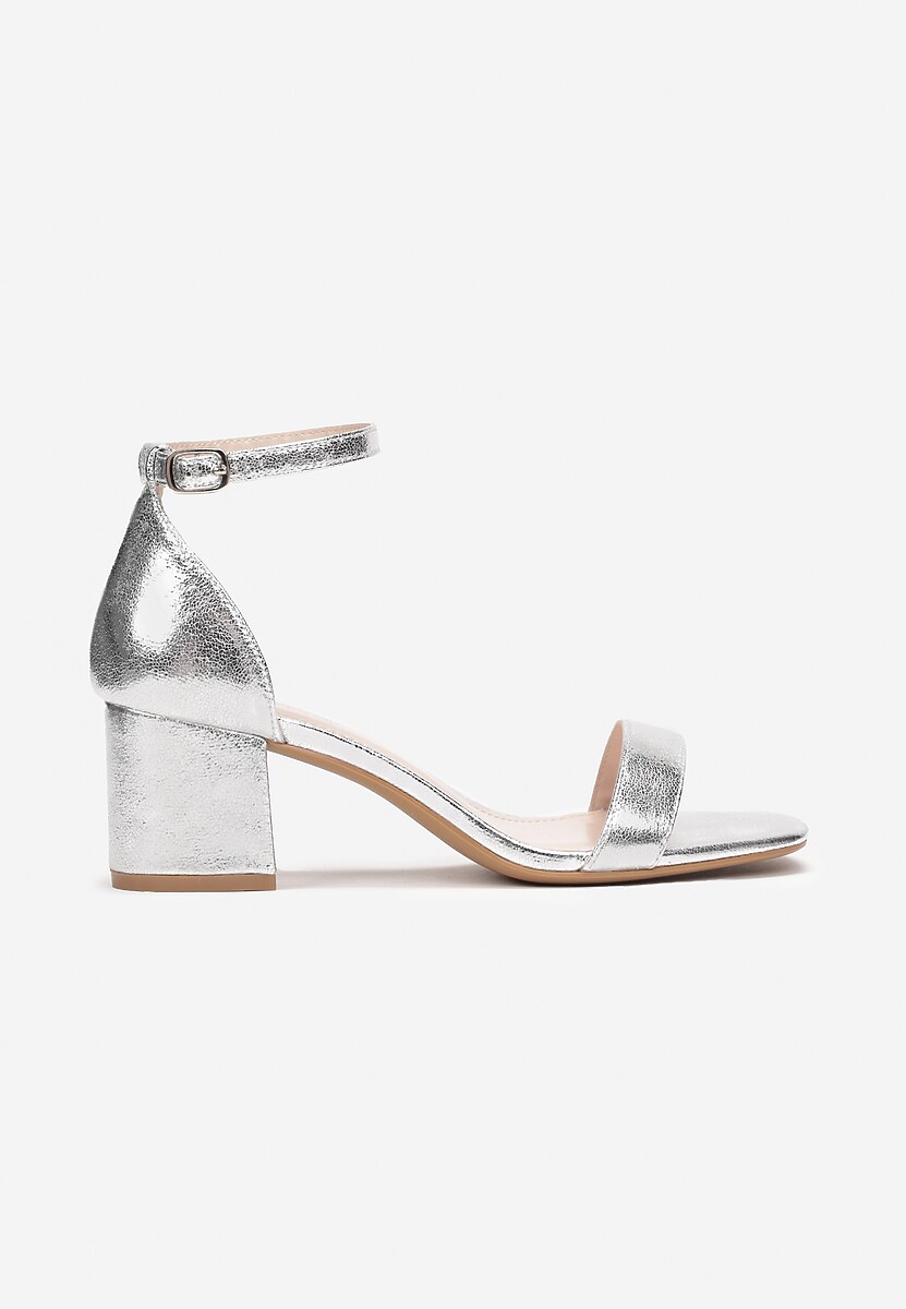Srebrne Gładkie Sandały na Słupkowym Obcasie Saia