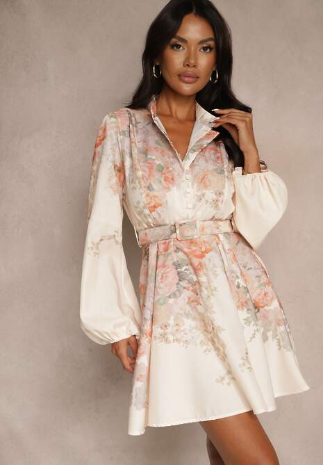 Beżowa Sukienka o Rozkloszowanym Kroju z Paskiem w Kwiaty Melvivis