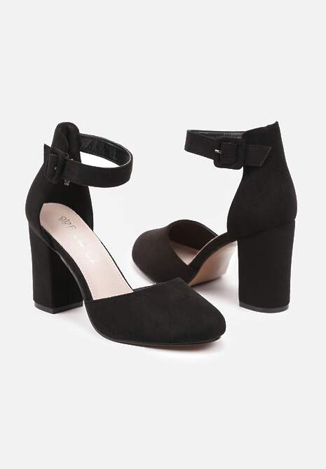 Czarne Czółenka na Obcasie Typu Słupek ze Skórzaną Wkładką i Paseczkiem Wokół Kostki Belandria