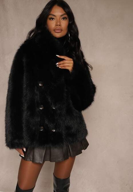 Czarna Dwustronna Kurtka Biker Ozdobiona Futerkiem Flitta