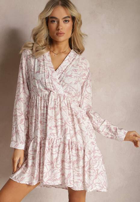 Różowo-Biała Kopertowa Sukienka Mini z Falbanką i Ozdobnym Printem Oletia