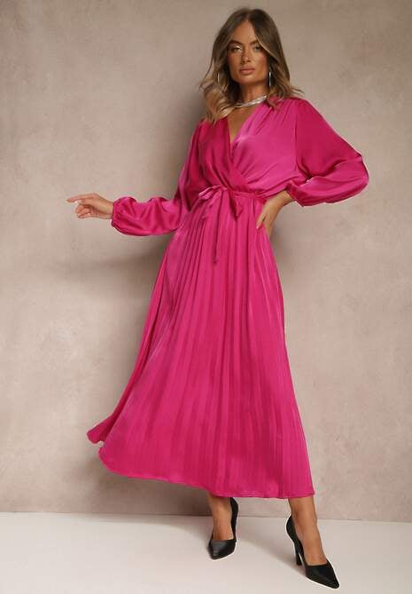 Fuksjowa Maxi Sukienka z Plisowanym Dołem i Kopertowym Dekoltem Basila