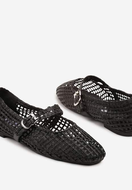 Czarne Ażurowe Balerinki w Stylu Mary Jane z Plecioną Cholewką Deraelle