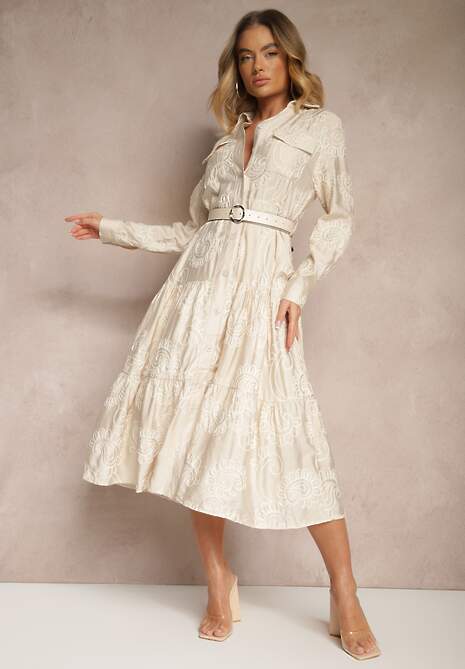 Beżowa Wiskozowa Rozkloszowana Sukienka Koszulowa z Bawełną i Paskiem Odivoria