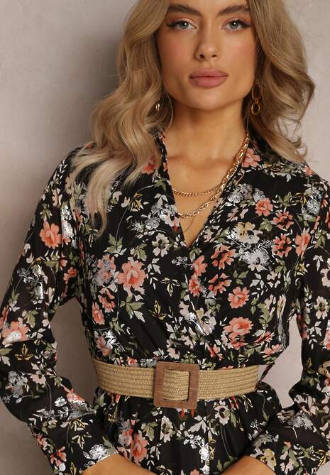 Czarna Sukienka Maxi z Plecionym Paskiem i Gumką w Talii w Kwiaty Elanisa