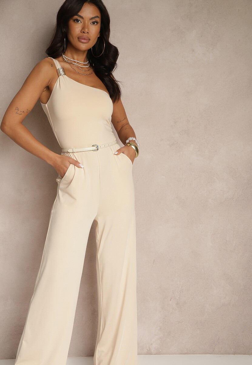 Jasnobeżowy Kombinezon Asymetryczny na Jedno Ramię z Długimi Nogawkami i Kieszeniami Efridelle