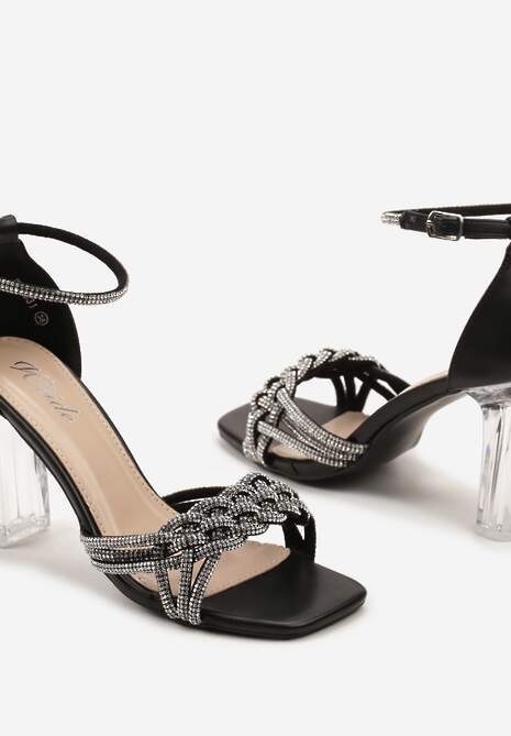 Czarne Sandały z Ekoskóry na Transparentnym Słupku Zdobione Cyrkoniami ze Sprzączką Lotesa