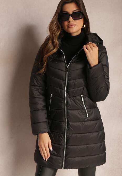 Czarna Długa Kurtka z Zasuwanymi Kieszonkami i Kapturem Chetrisa