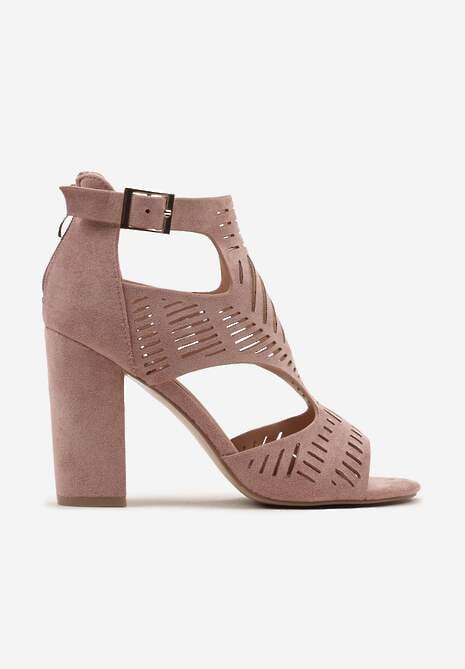 Różowe Sandały na Słupkowym Obcasie Zapinane wokół Kostki z Ażurowymi Wycięciami Fintanna