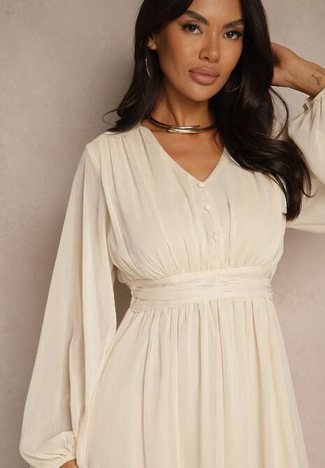 Beżowa Plisowana Sukienka Koktajlowa Ozdobiona Guzikami i Falbankami Osumia