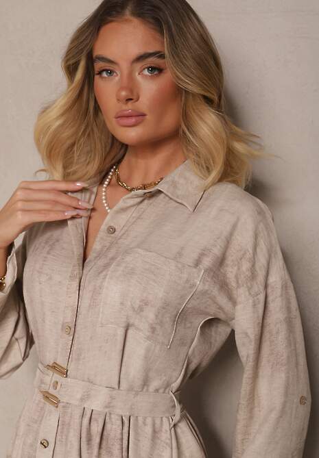 Beżowa Sukienka Koszulowa z Paskiem z Klamrą i Kieszonką Parmio