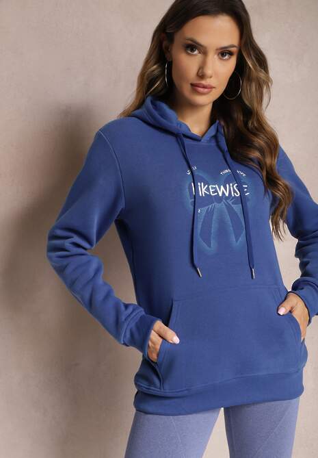 Niebieska Bluza Wykończona Polarem z Nadrukiem i Kapturem Nimba