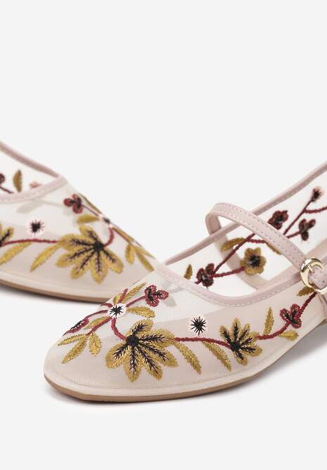 Beżowe Balerinki z Siateczki w Stylu Mary Jane Zdobione Kwiatowym Haftem Nitelissa