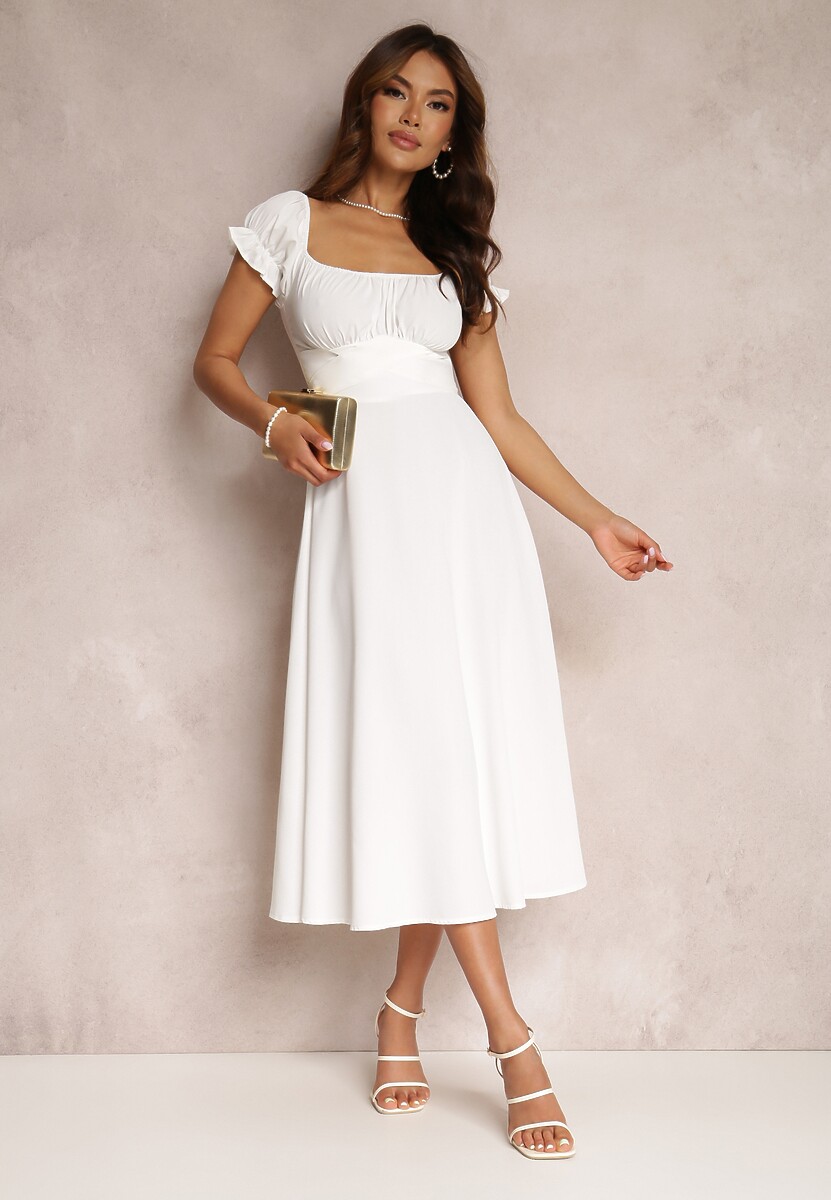 Biała Sukienka o Rozkloszowanym Kroju z Wiązaniem Perolis