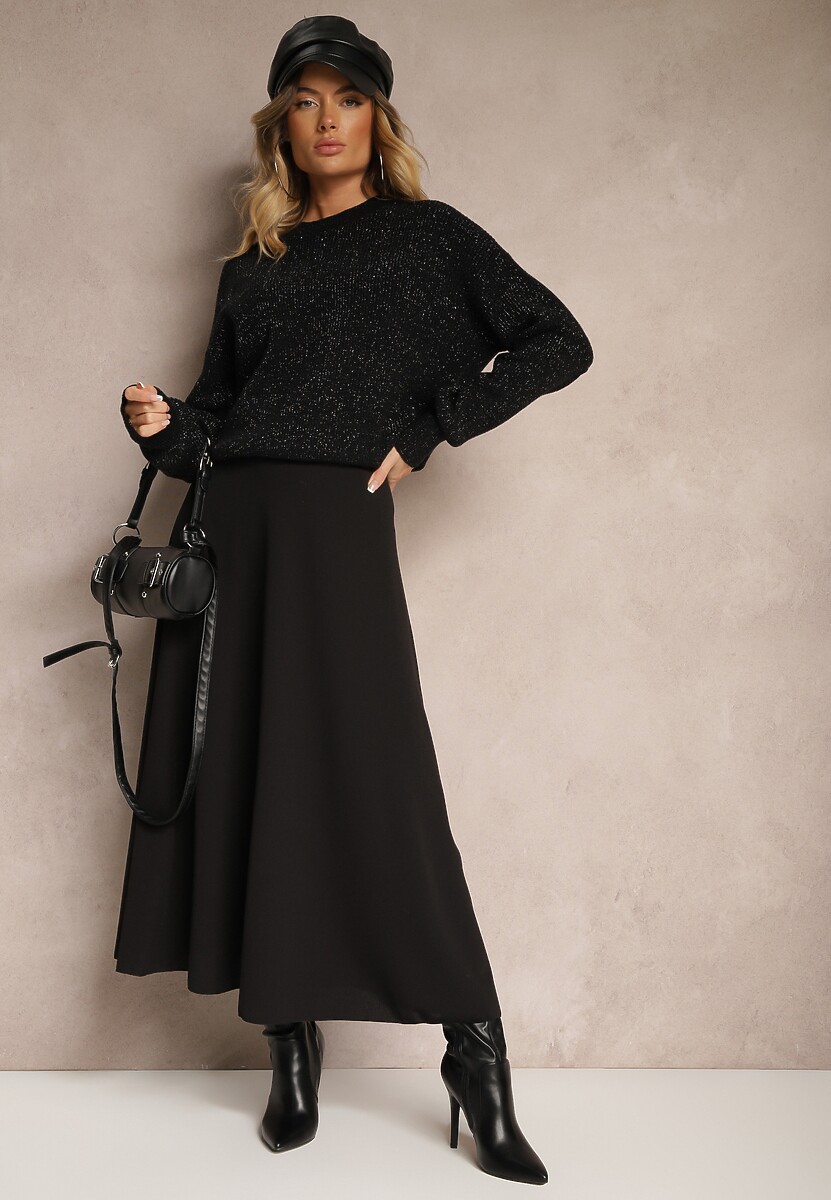 Czarna Rozkloszowana Spódnica Maxi z Paskiem i Klamrą Adlirca