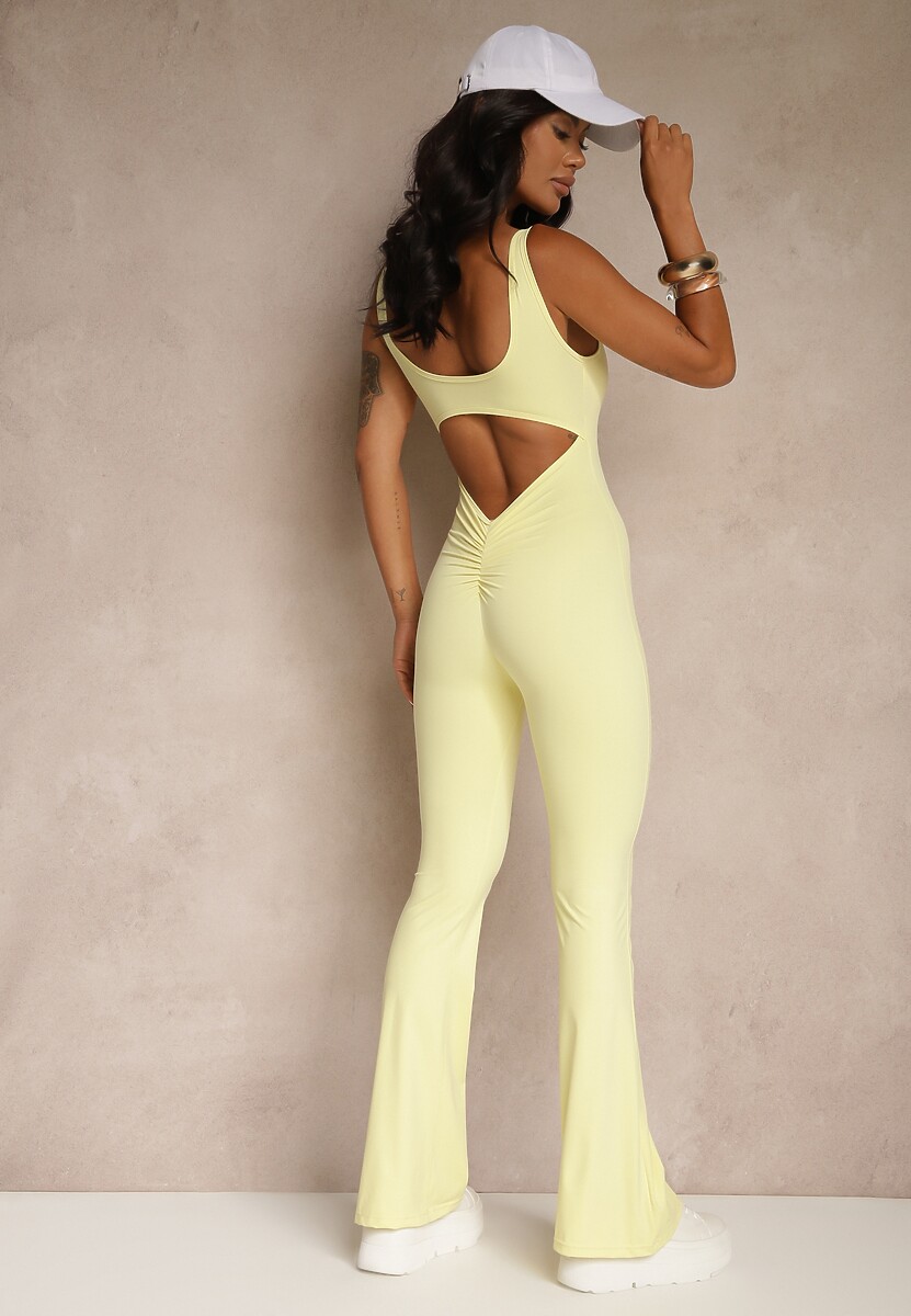 Żółty Kombinezon Taliowany z Wycięciem na Plecach i Usztywnianymi Miseczkami Senimi