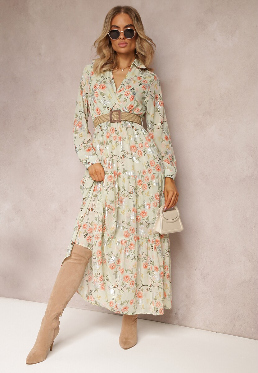 Czarna Sukienka Maxi z Plecionym Paskiem i Gumką w Talii w Kwiaty Elanisa