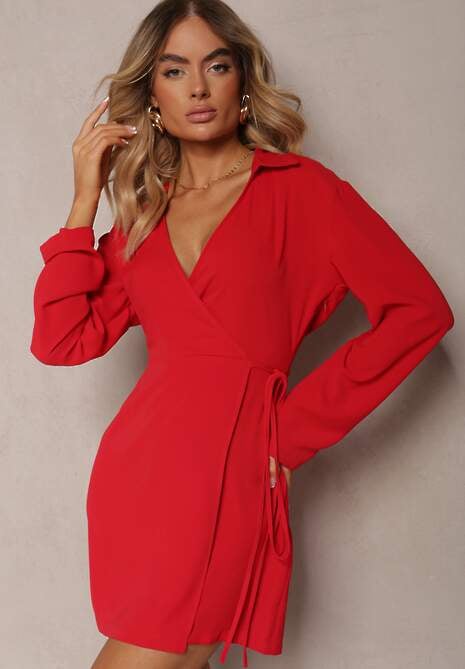 Czerwona Sukienka o Kopertowym Kroju ze Sznurkiem w Pasie Rhilea