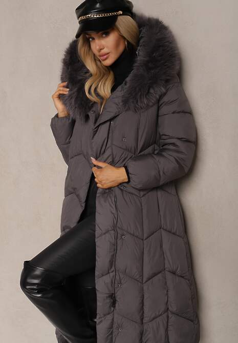 Ciemnoszara Długa Kurtka o Pikowanym Kroju z Kapturem i Odpinanym Futerkiem Ozdobiona Paskiem Vamimora
