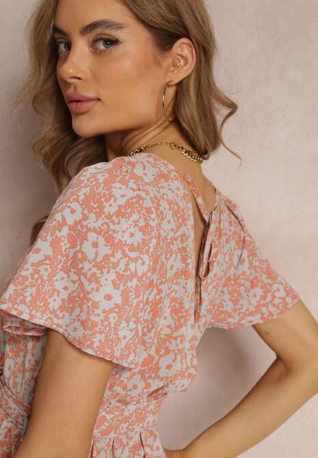 Pomarańczowa Sukienka z Kopertowym Dekoltem w Kwiaty z Gumką i Paskiem w Talii Arlettie