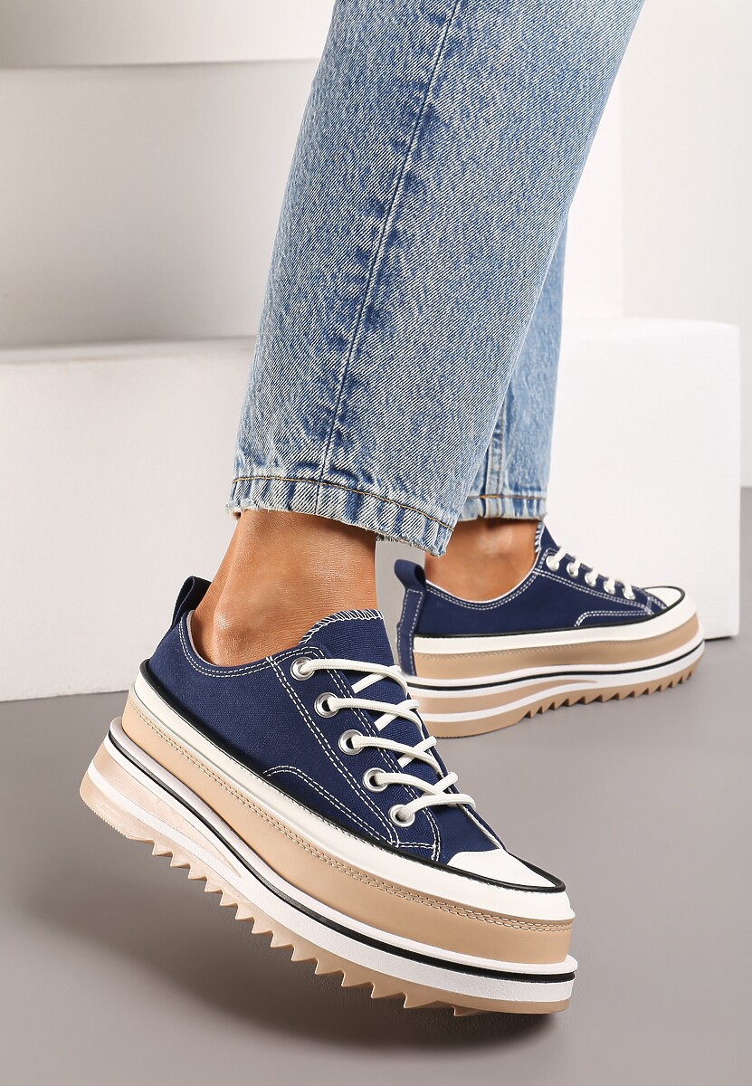 Granatowe Trampki na Ozdobnej Platformie ze Sznurowaniem Moonoria