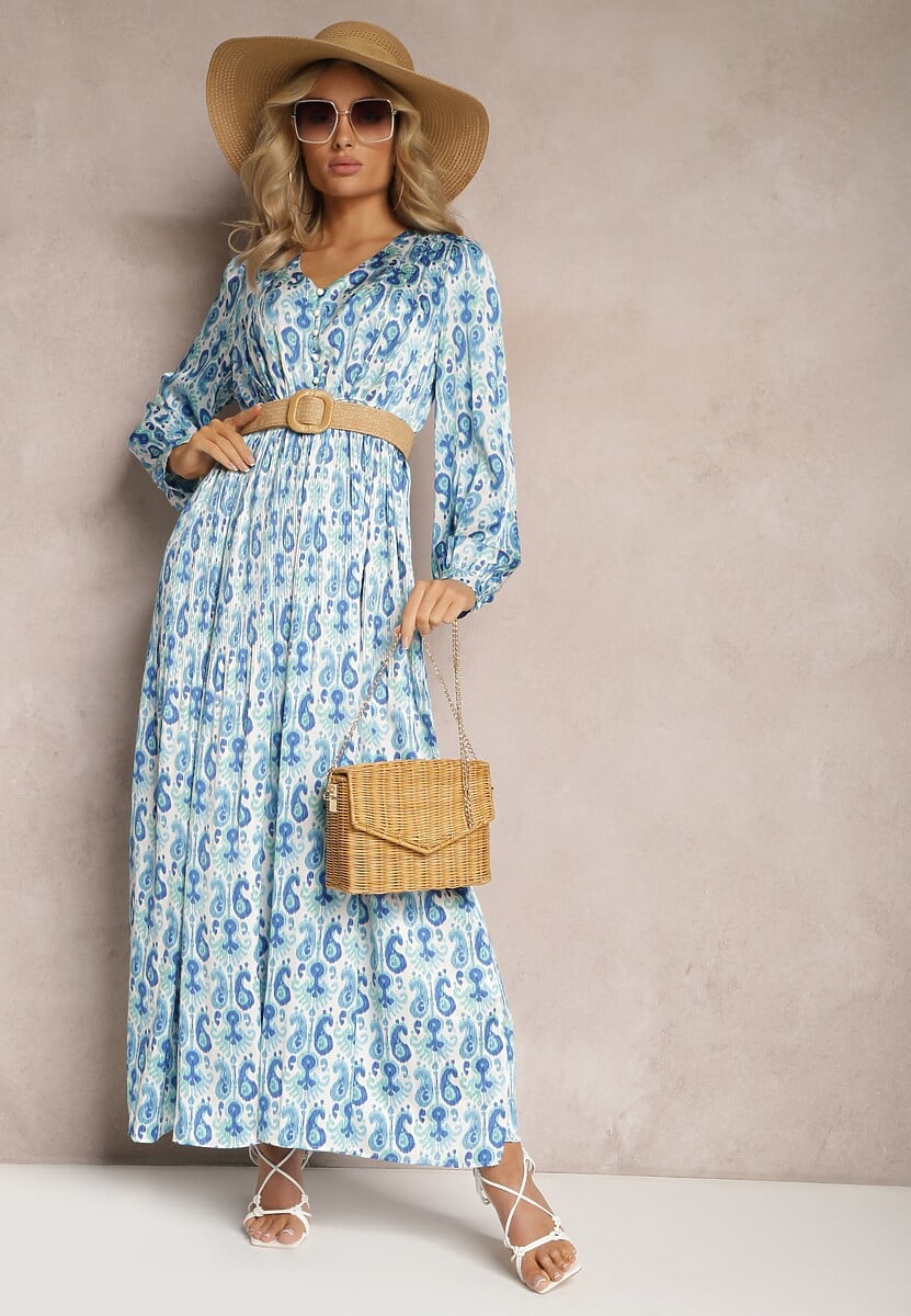 Niebieska Satynowa Sukienka z Gumką w Talii i Wzorem Paisley Xalire