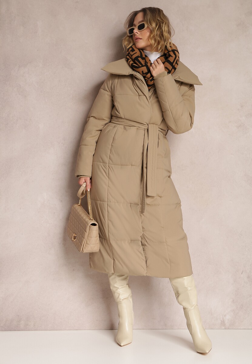 Ciemnobeżowa Kurtka za Kolano Pikowana Chadi