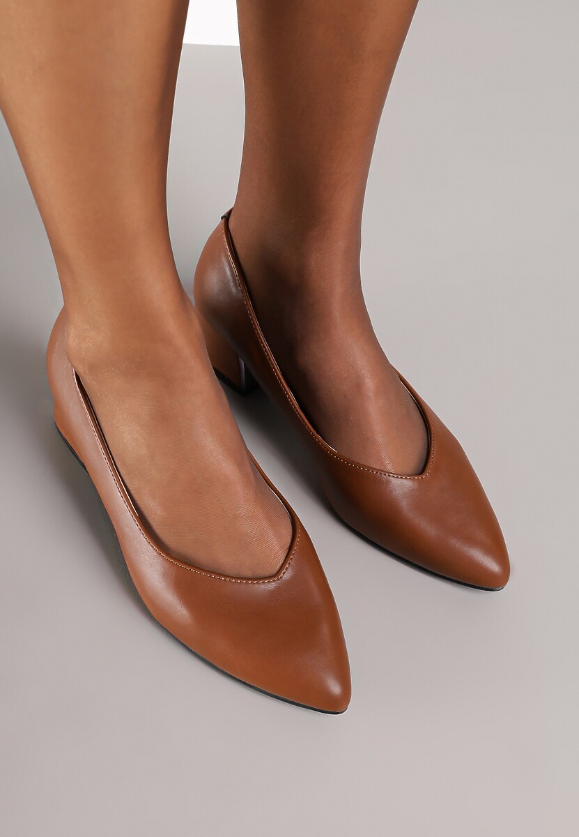 Brązowe Czółenka Vices na Słupku z Wkładką ze Skóry Naturalnej z Metaliczną Ozdobą Mixin