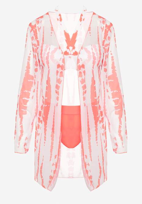 Pomarańczowo-Białe Bikini z Ozdobnym Biustonoszem i Plażową Narzutką w Komplecie Mayamarie