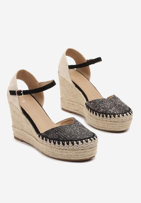 Czarne Sandały na Koturnie w Typie Espadryli Ozdobione Plecionką Akiora