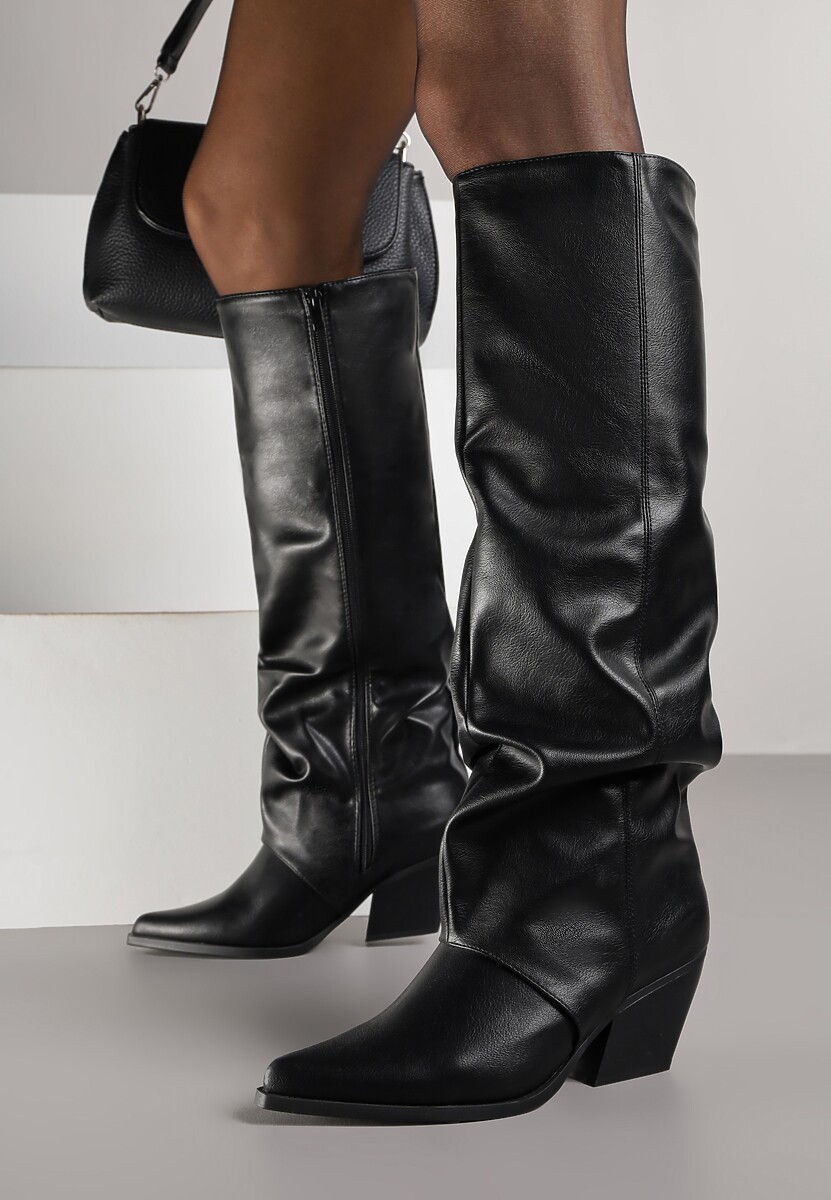 Czarne Marszczone Kozaki na Obcasie w Kształcie Stożka Atima