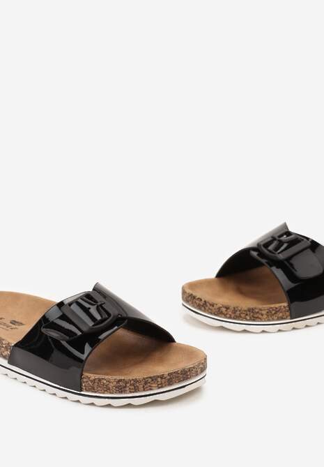 Czarne Lakierowane Klapki ze Skóry na Podeszwie z Korka Sivara