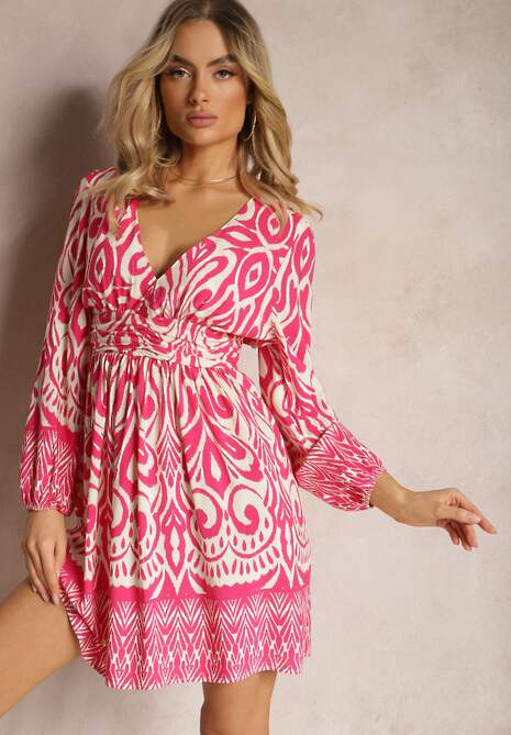 Różowo-Biała Wiskozowa Sukienka o Rozkloszowanym Kroju z Długimi Rękawami Zakończonymi Gumką Kililasa