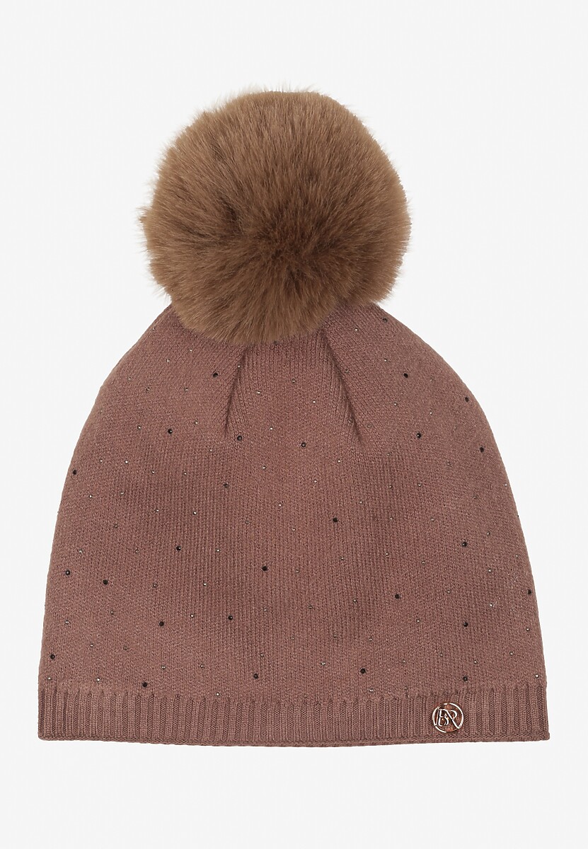 Ciemnobeżowa Czapka z Wiskozą z Futrzanym Pomponem i Cyrkoniowym Zdobieniem Jackitha