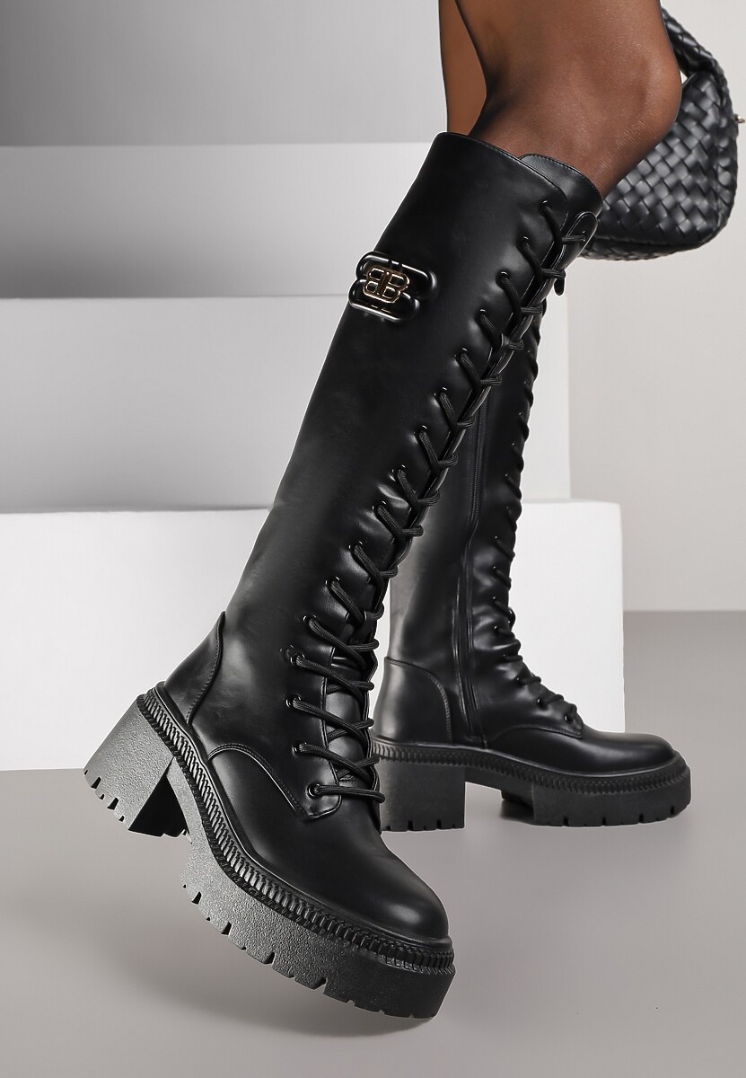 Czarne Kozaki Vicesu w Stylu Grunge ze Sznurowaną Cholewką i Platformą Laurotte