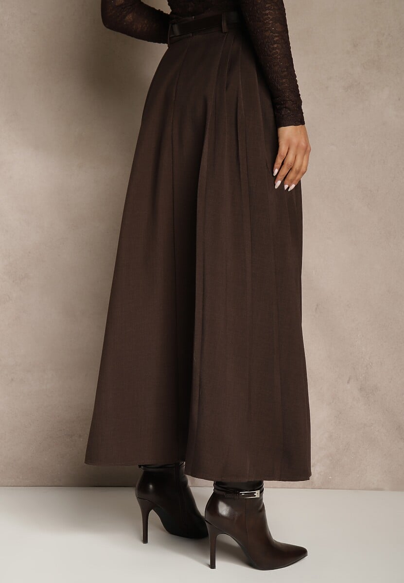 Brązowa Rozkloszowana Spódnica z Wiskozy z Dodatkowym Paskiem z Klamrą Lowedina