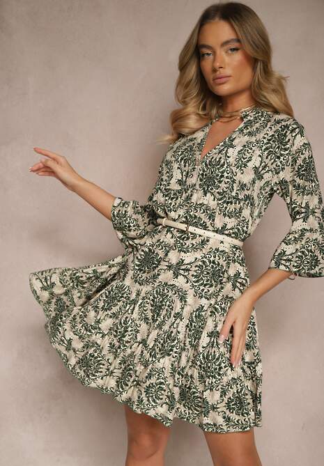Ciemnozielona Bawełniana Sukienka o Rozkloszowanym Kroju w Ornamentalny Print Laniwea