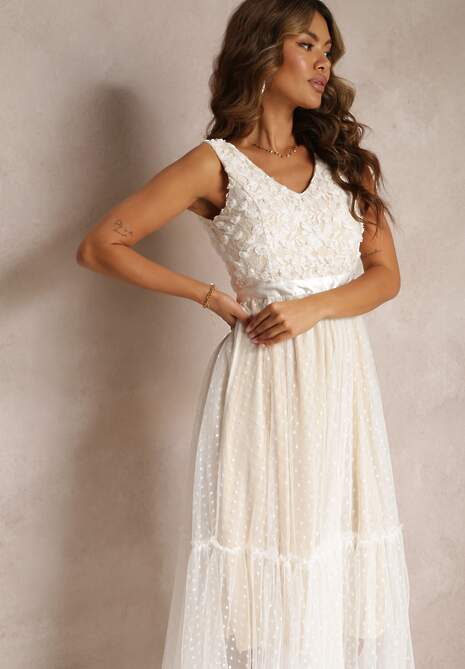 Biała Taliowana Sukienka Midi z Ozdobną Siateczką Celerise