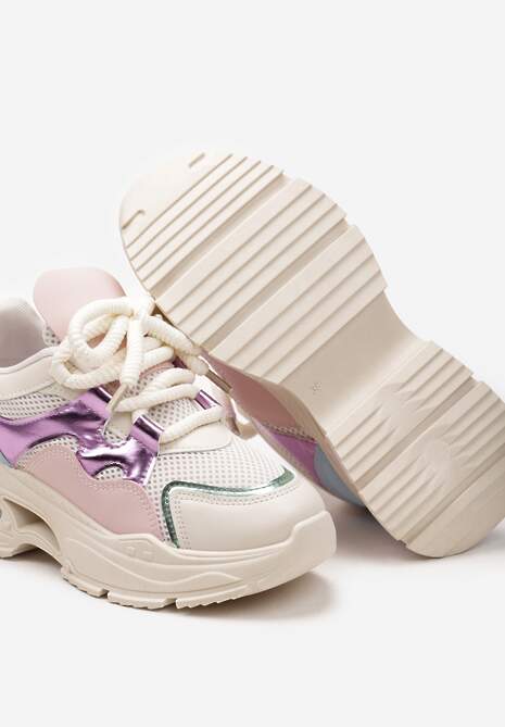 Beżowe Sneakersy na Platformie z Wycięciem i Grubymi Sznurówkami Bosylia