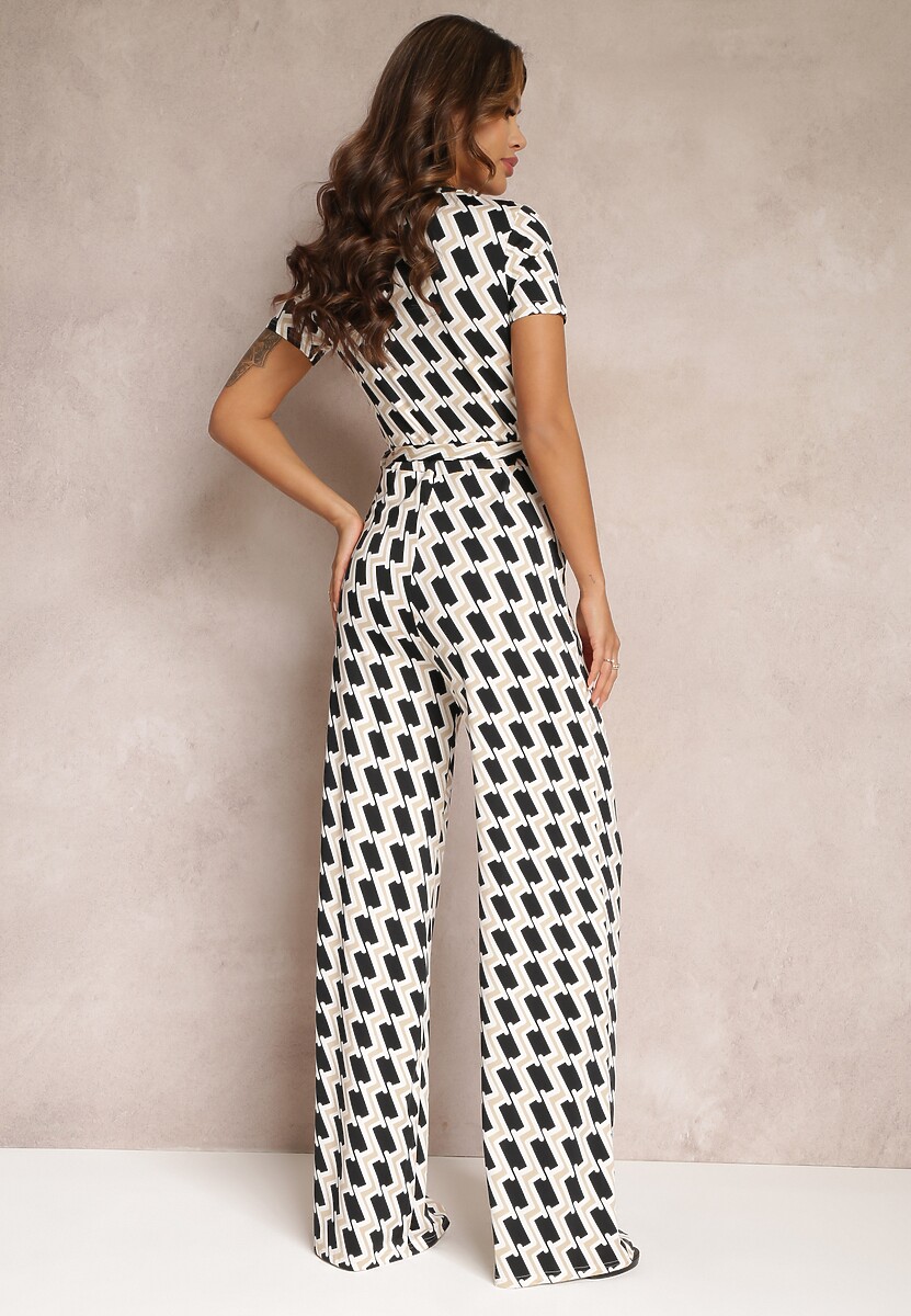 Beżowy Geometryczny Kombinezon z Krótkim Rękawem i Szerokimi Nogawkami Alayia