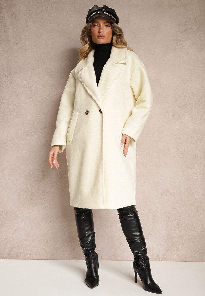 Jasnobeżowy Dwurzędowy Płaszcz Oversize z Wełną Spolete