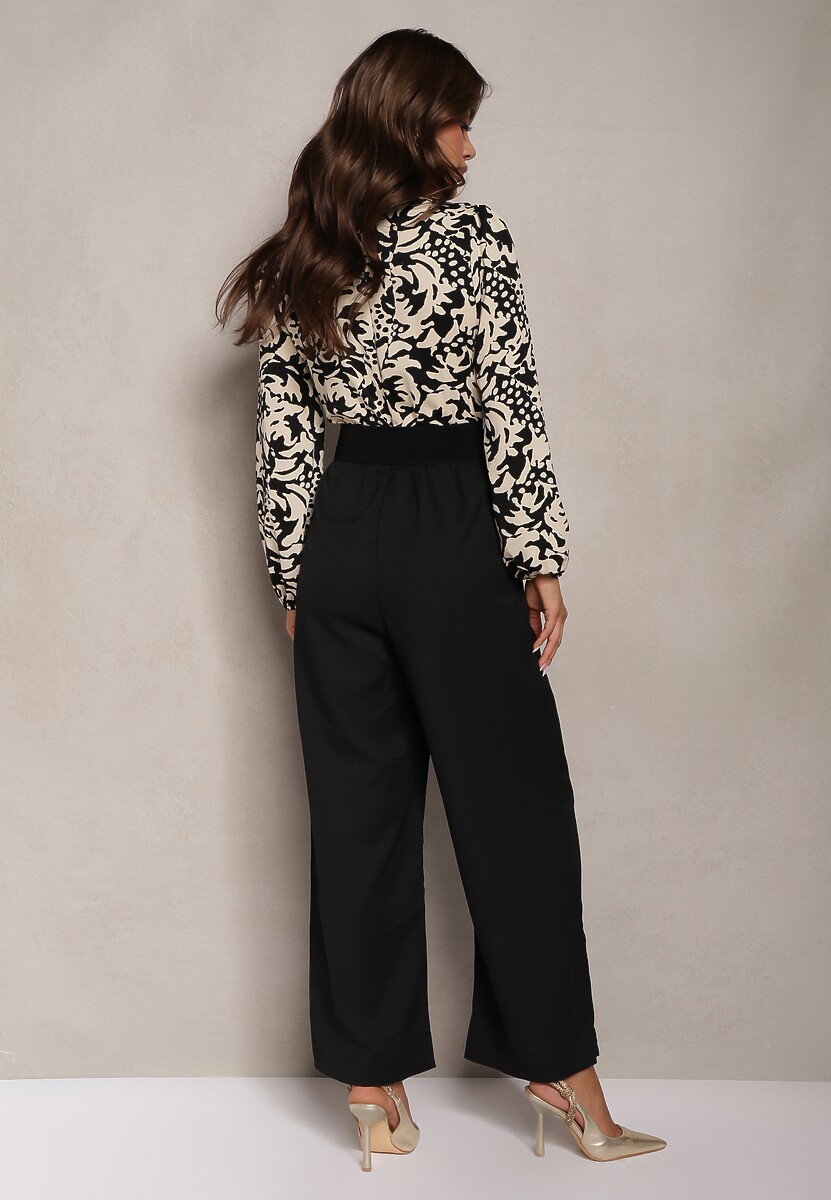 Czarno-Beżowy Kombinezon w Print z Paskiem i Szerokimi Nogawkami Stuvana