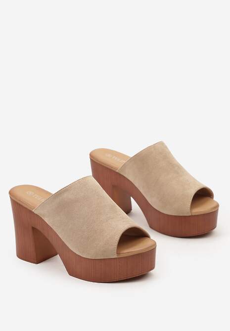 Ciemnobeżowe Klapki z Paskiem z Ekozamszu na Kwadratowym Obcasie i Platformie Siobhan