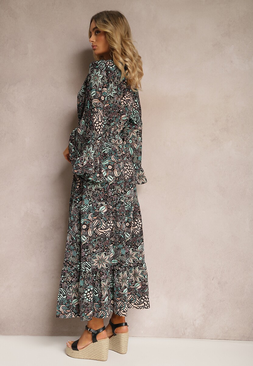 Czarno-Zielona Sukienka w Kwiatowy Print Rozkloszowana z Falbankami Airova