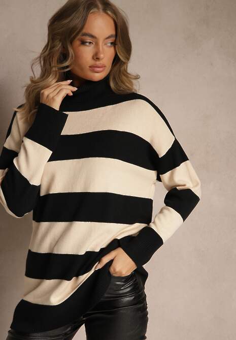 Czarno-Beżowy Golf Ozdobiony Paskami Raluna