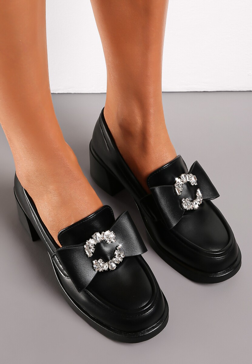 Czarne Półbuty na Niskim Słupkowym Obcasie z Cyrkoniami Artethea