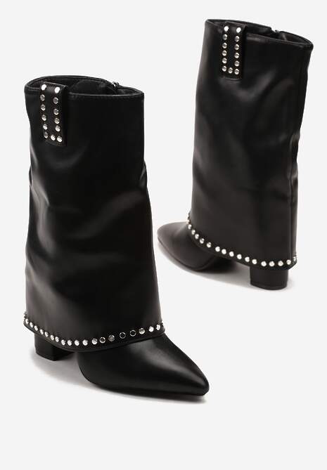 Czarne Botki na Słupku Ozdobione Nitami i Wywiniętą Cholewką Lorelianna