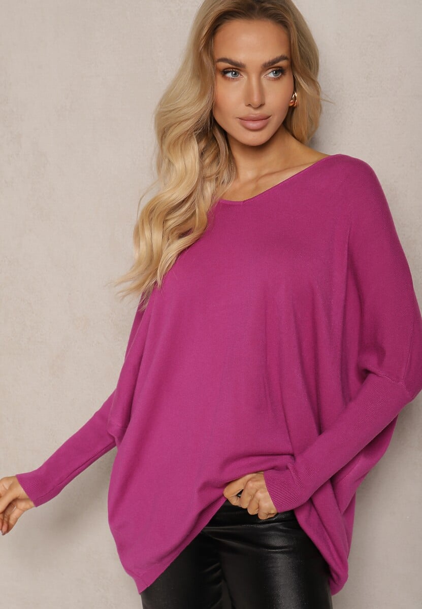 Fioletowa Nietoperzowa Bluzka z Dzianiny z Wiskozą z Dekoltem i Cyrkoniami na Plecach Vailune